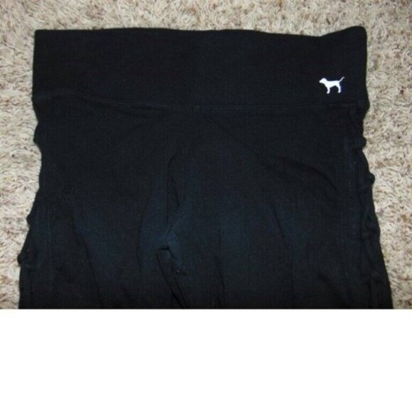 Womens Victorias Secret PINK Yoga Pants Medium Black Pull On Cropped Strappy Leg - Picture 2 of 5